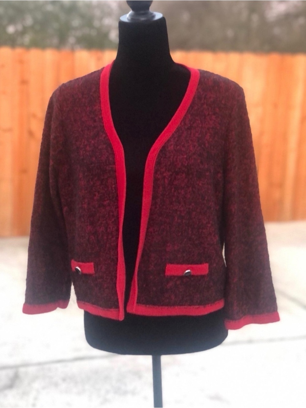 Kim Rogers Brown Knit Cardigan with Red Trim